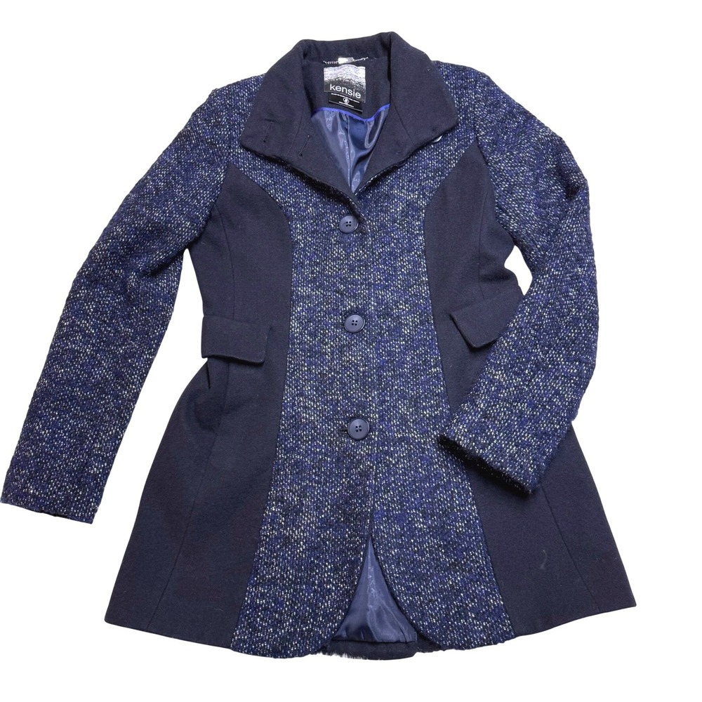 Kensie Y2K Womens Blue Textured Wool Blend Button Front Coat Size Small